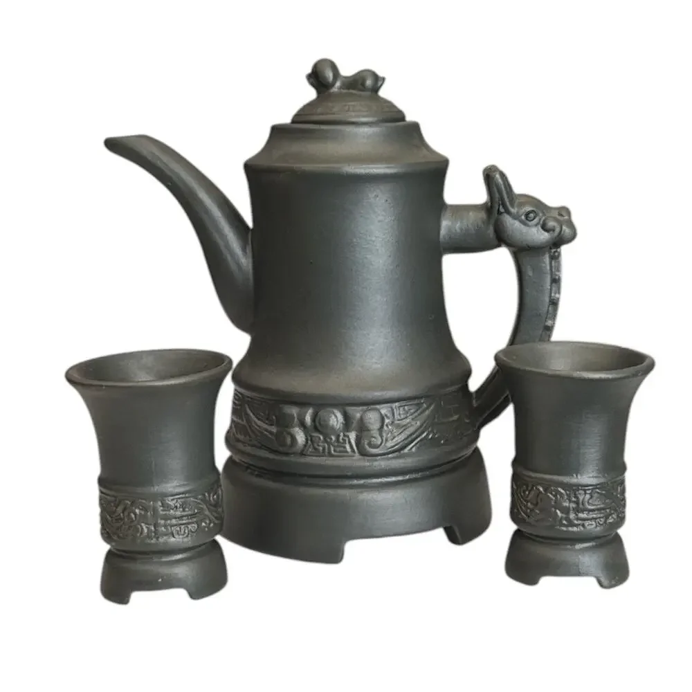 Vintage Black Stoneware Asian Teapot and 2 Cups